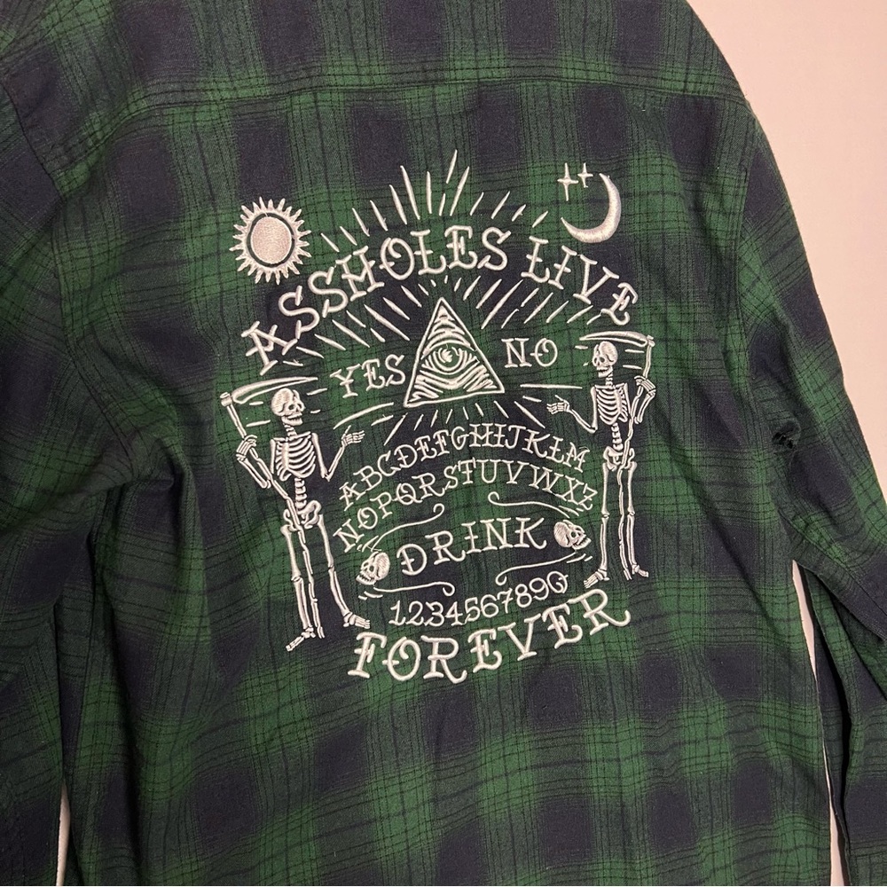 A**Holes Live Forever Green Blue Plaid Long Sleeve Mens Embroidered Shirt XXXL - Picture 7 of 10
